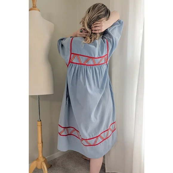 70s Blue Krist Gudnason for Rainbow Trim Cotton 1970s Vintage Midi Shift Dress - Picture 10 of 15